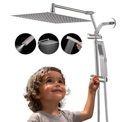 All Metal 10 Inch Rain Shower Head with Handheld Spray Combo, High Pressure Waterfall Rainfall Square Shower Heads with 16" Adjustable Extension Arm, Dual Showerhead with 3-Way Diverter,Brushed Nickel - color: Brushed Nickel, size: 10 Inch