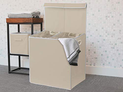 Simple Houseware Double Laundry Hamper with Lid & Removable Bags, Beige | Heavy Duty 600D Polyester, Water-Resistant Surface - color: Beige