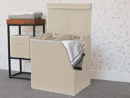 Simple Houseware Double Laundry Hamper with Lid & Removable Bags, Beige | Heavy Duty 600D Polyester, Water-Resistant Surface - color: Beige