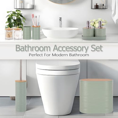 25 PCS Green Bathroom Accessories Set丨Shower Curtain Bathroom Accessory | All-in-One Kit with Shower Curtain,rug,Trash Can,Toothbrush Holder,Toilet BrushSoap Dispenser,Toothbrush Cup,etc for Home - color: Lightgreen