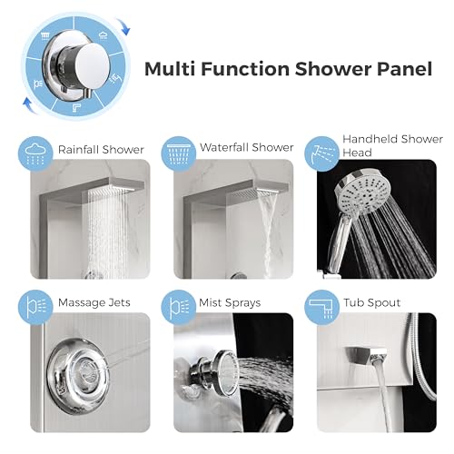 DELAVIN Stainless Steel Shower Tower, 5-Function Shower Panel Tower System | with Rainfall Waterfall Shower Head, Massage Body Jets, Tub Spout, Handheld Shower, Designed for Hotels, Gyms, Spas - style: 8 Body Jets