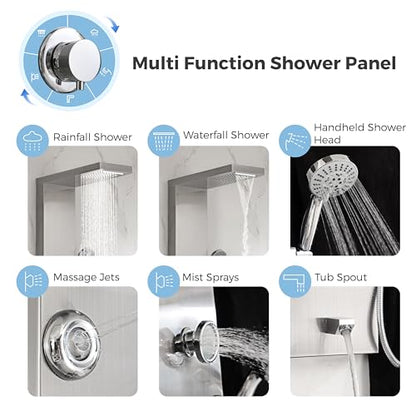 DELAVIN Stainless Steel Shower Tower, 5-Function Shower Panel Tower System | with Rainfall Waterfall Shower Head, Massage Body Jets, Tub Spout, Handheld Shower, Designed for Hotels, Gyms, Spas - style: 8 Body Jets