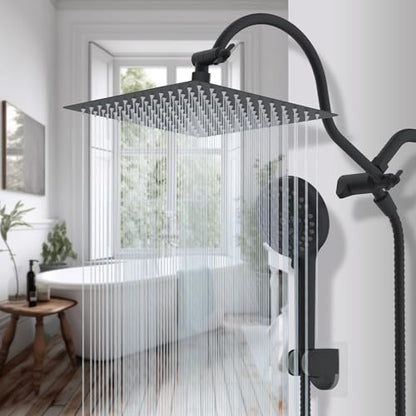 Hibbent 12'' All Metal CUPC Certified Shower Head, High Pressure Rainfall Shower Head, Handheld Showerhead Combo, 12'' Adjustable Extension Arm, 10-Spray, 71'' Hose, Showerhead Holder, Matte Black - color: Matte Black, style: Square 12''