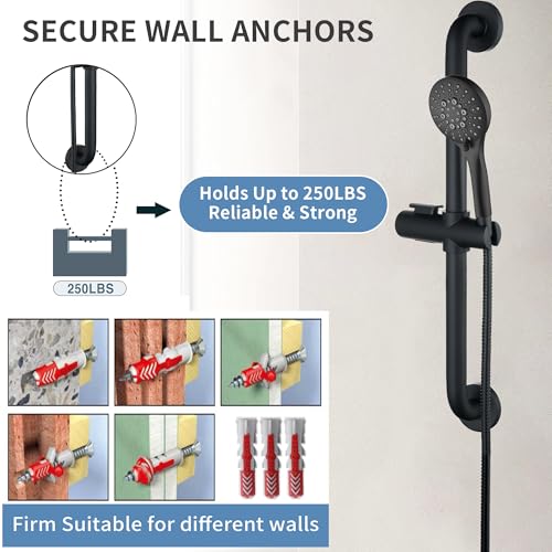 BRIGHT SHOWERS Stainless Steel Slide Bar Grab Rail Set Ada Compliant, 5-Spray Handshower with Slide Bar Kit – Includes Handheld Shower Head and 69-Inch Hose, Matte Black - color: Matte Black