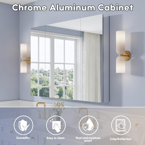48" x 36" Bathroom Medicine Cabinet with Mirror, Anodized Chrome Aluminum Frame, Surface Mount or Recessed Medicine Cabinet with Mirror, Bathroom Mirror with Storage, Three Doors - size: 48"x36"-A