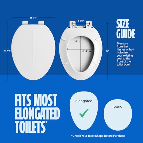 HIGHCRAFT Premium Elongated Toilet Seat with Adjustable Hinges - Molded Plastic Toilet Seat - Fits Standard Elongated Toilets - Oval Seat in White - color: White, size: Elongated