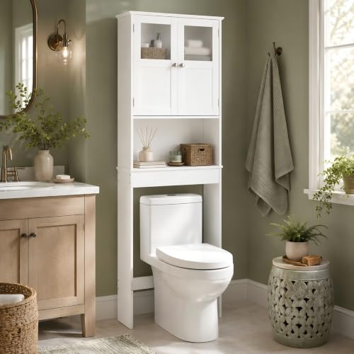 Bonnlo Over the Toilet Storage Cabinet with Adjustable Shelf White Bathroom Floor Organizer Space Saver with Double Doors, 67" Height