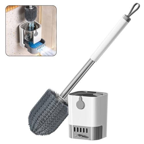 Self-Draining Toilet Brush with Holder, Ventilated Caddy for Quick Dry, No Drip Drip-Free Design, Sturdy Long Handle & Flexible Scrubber for Bathroom Bowl