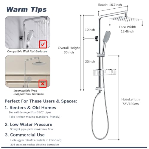 All Metal Shower System with Shower Shelf, SonTiy 9" Rain & Handheld Shower Combo, Adjustable Holder, Brass Diverter 2.5GPM Complete Bathroom Shower Set, Brushed Nickel - color: Brushed Nickel, style: 2.5 Gallons Per Minute-Square