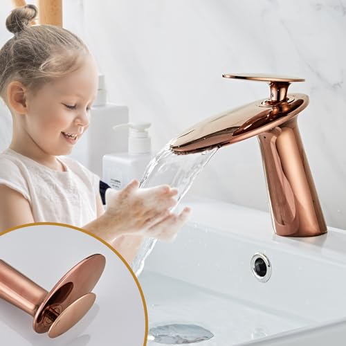 Rose Gold Waterfall Bathroom Sink Faucet and Pop Up Drain Assembly - color: Rose Gold, size: Short Body