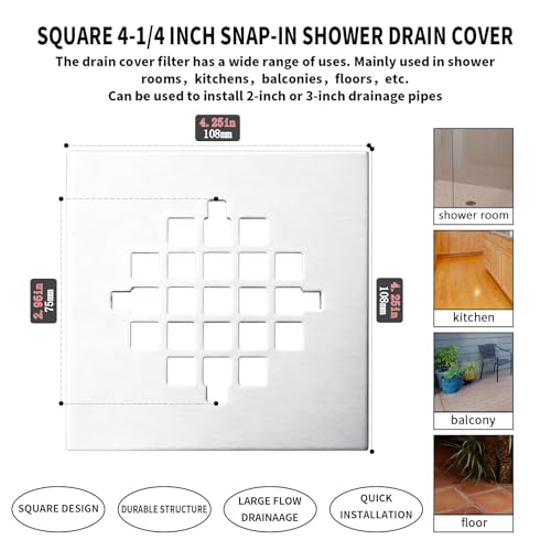 4-1/4 Inch Square Snap-in Shower Drain Cover Chrome | 304 stainless steel Shower Strainer Grid, large flow anti-clog, 4.25 inch square size fits most household shower drains - color: Chrome