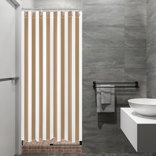 LB Brown Striped Small Stall Shower Curtain 48 x 68 inch, Tan and White Half Size Shower Curtain Liner, Stripe Narrow Shower Curtains for Bathroom Decor, 48 inch Fabric Shower Curtains Set with Hooks - color: Brown, size: 48"W x 68"L (Pack of 1)