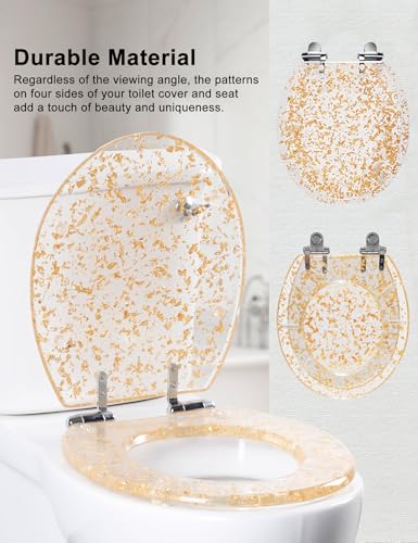 Angol Shiold ROUND Resin Soft Close Toilet Seat Gold Foil 16.5" | Quick Release Heavy Duty Acrylic Decorative Toilet Seats Easy to Install & Clean (Gold Foil) - color: Gold Foil