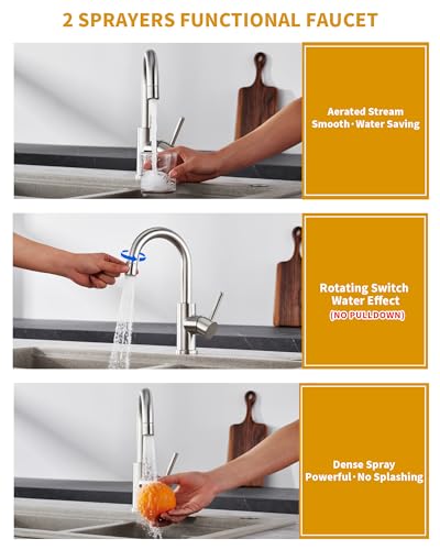 Tohlar Brushed Nickel Bathroom Faucet with 2 Mode Sprayer | Single Hole Bar Sink Faucet, 360° Swivel, with Pop Up Drain, for Vanity RV Laundry - color: Brushed Nickel