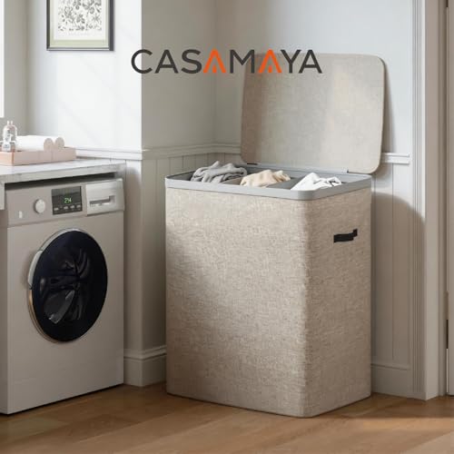 CASAMAYA Laundry Basket with Lid, Laundry Hamper 3 Section, 190L collapsible Laundry Organizer, Easy Assembly, with Handles and Removable Liners, 25.2 x 15.7 x 29.5 Inches, Beige JSP904M - color: Beige, size: 190L(3-Section)