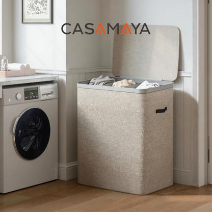 CASAMAYA Laundry Basket with Lid, Laundry Hamper 3 Section, 190L collapsible Laundry Organizer, Easy Assembly, with Handles and Removable Liners, 25.2 x 15.7 x 29.5 Inches, Beige JSP904M - color: Beige, size: 190L(3-Section)