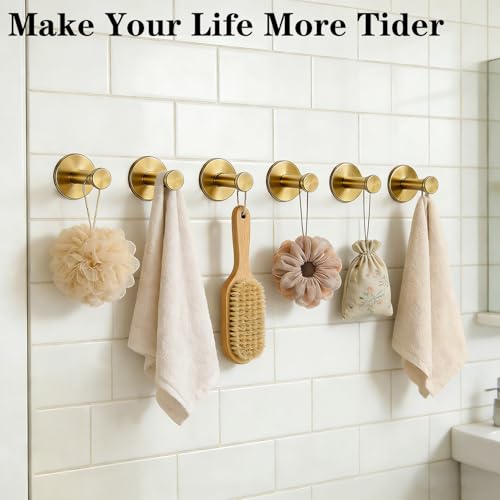 Bath Towel Hooks, 6 Pack Self Adhesive Coat Hooks, Sturdy No Drilling Robe Hook, SUS 304 Stainless Steel Heavy Duty Clothes Hanger, Wall Hooks for Bathroom Bedroom Kitchen (2 in, ‎Gold) - color: Gold-6