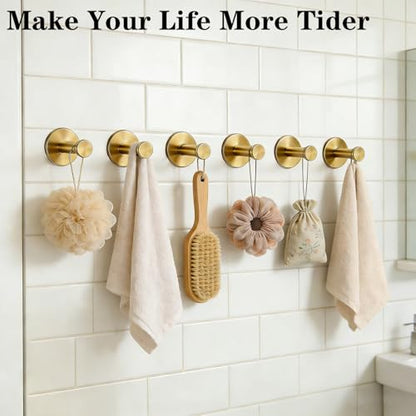 Bath Towel Hooks, 6 Pack Self Adhesive Coat Hooks, Sturdy No Drilling Robe Hook, SUS 304 Stainless Steel Heavy Duty Clothes Hanger, Wall Hooks for Bathroom Bedroom Kitchen (2 in, ‎Gold) - color: Gold-6