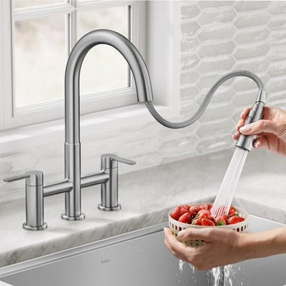 KRAUS Oletto Bridge Kitchen Faucet with Pull-Down Sprayhead in Spot-Free Stainless Steel, KPF-3122SFS - color: Spot Free Stainless Steel, style: Bridge Faucet