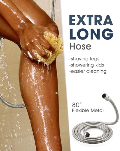 Handheld Shower Head with 6.56ft Extra Long Hose, On Off Switch 8-Seting High Preesure Hand Held Showerhead, Low-Reach Adhesive Holder for Kid, Disable& Elder (Brushed Nickel) - color: Brushed Nickel