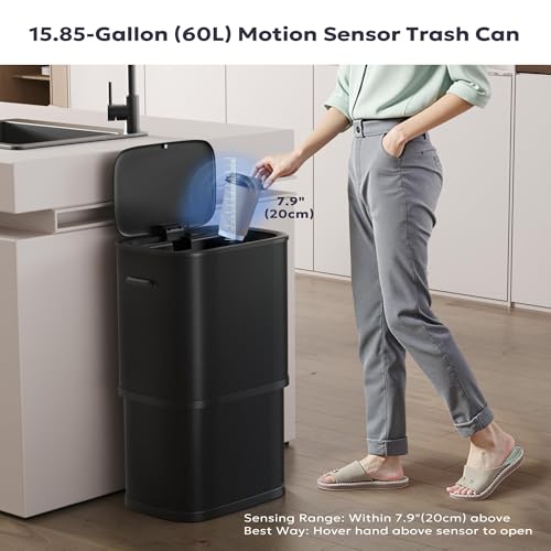Furnify 16 Gallon / 60L Kitchen Trash Can, Motion Sensor Trash Bin with Lid | Large Capacity Touchless Garbage Waste Bin, Waterproof Brushed Trash Bin, Trash Can for Kitchen Bedroom Bathroom - color: Black