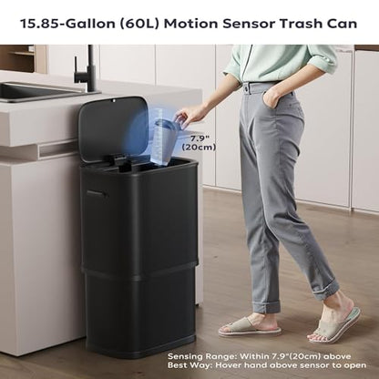 Furnify 16 Gallon / 60L Kitchen Trash Can, Motion Sensor Trash Bin with Lid | Large Capacity Touchless Garbage Waste Bin, Waterproof Brushed Trash Bin, Trash Can for Kitchen Bedroom Bathroom - color: Black