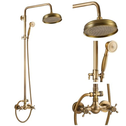 gotonovo Exposed Shower System Wall Mount,Antique Brass,Metal Handheld | 8” Rain Shower Head Faucet Set Fixtures,2 Function,Two Cross Handle,Height Adjustable,for 5-6.7" Hole,Indoor Victorian Retro - color: Antique Gold