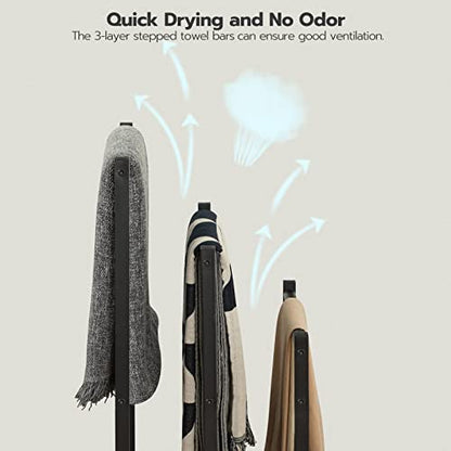 HOOBRO Free Standing Towel Rack, 3 Tier Blanket Rack, Blanket Holder for Bathroom, 16.9" L x 11" W x 31.9" H, Industrial Metal Drying and Display Rack with Shelf, Rustic Brown and Black BF03LB01 - color: Rustic Brown + Black, size: 16.9"L x 11"W x 31.9"H