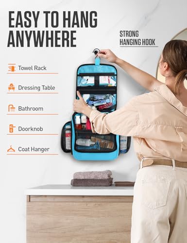 VENTURE 4TH Hanging Travel Toiletry Bag 18 Compartments - Tiffany Blue | Hangs on rails, hooks or doors; stands upright. Removable TSA pouch. Water-resistant Nylon 290D Twill, reinforced stitching. - color: Tiffany Blue