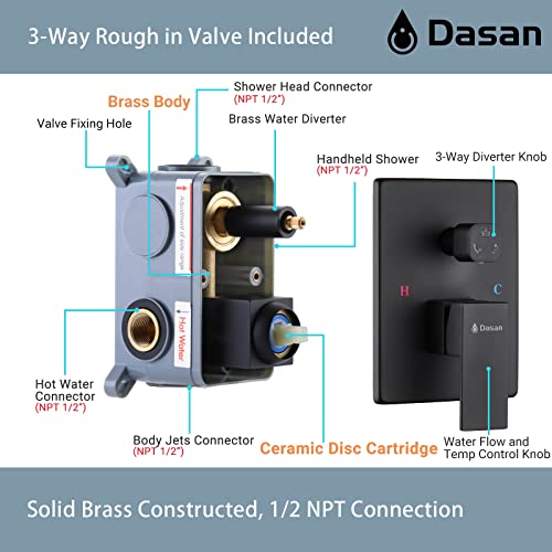 Full Body Rain Shower System with 4 Body Shower Jets & 12’’ Wall Mount Rainfall Shower Head & Handheld, DASAN Multi Shower Head System Matte Black Rain Shower Faucets sets Combo with Rough-in Valve - color: Matte Black
