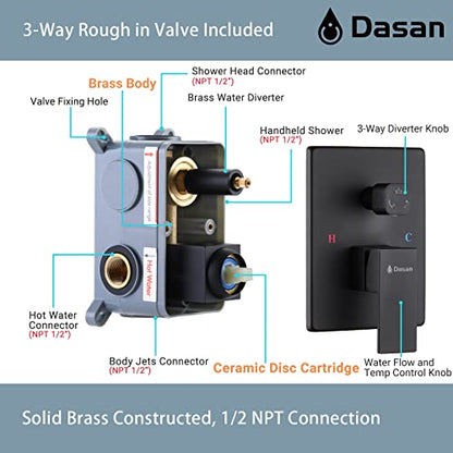 Full Body Rain Shower System with 4 Body Shower Jets & 12’’ Wall Mount Rainfall Shower Head & Handheld, DASAN Multi Shower Head System Matte Black Rain Shower Faucets sets Combo with Rough-in Valve - color: Matte Black