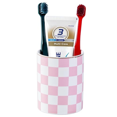 Ceramic Toothbrush Holder Toothpaste Holders, Cute Bathroom Tumbler Cups Reusable,Checkered Bathroom Counter Decor Organizer, Makeup Brush Holder,Pen Holder (Pink) - color: Pink