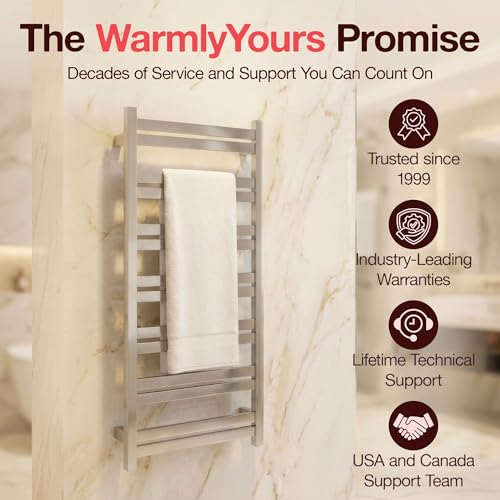 WarmlyYours Milan Heated Towel Rack, 14 Bars, Polished Steel | Wall-mounted hardwired electric towel warmer for spa-like comfort and luxury bathroom upgrade, dries multiple towels