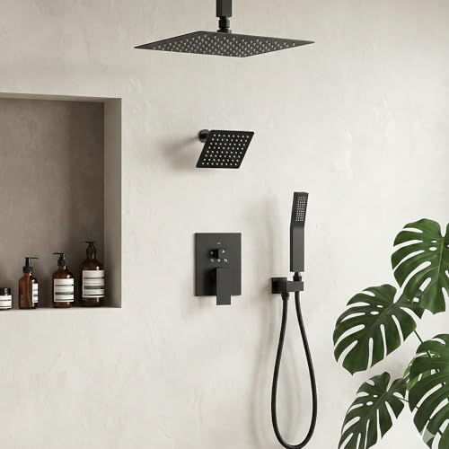 Shower System Shower Faucet Set, STARBATH 12"+6" Ceiling Mount Rain Shower Head and Handheld Spray for Two Person, Rainfall Shower System with Diverter Valve and Trim Kit Complete，Matte Black - color: Matte Black, size: 12"+6"-2
