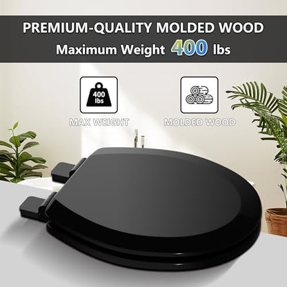 Angol Shiold Slow Close Wood Toilet Seat（Black, Round 16.5''） | Durable enameled wood round toilet seat, adjustable non-slip hinges, anti-pinch bumpers, easy to install and clean