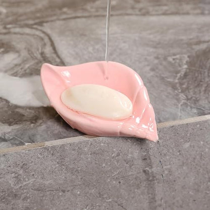 Sea-Shell Soap Holder, Ceramic Soap Tray with Self Draining, Soap Tray for Sink Washroom Bathroom Shower, Small Cute and Elegant Holder with Glaze, Easy Cleaning (White) - color: White