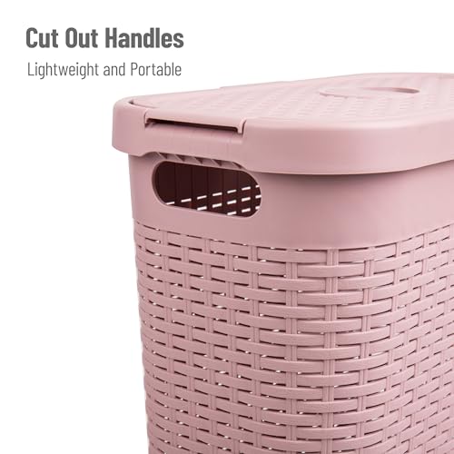 Mind Reader Slim Laundry Hamper with Lid, 40L Clothes Basket, Narrow Tapered Design with Ventilated Cutout Pattern, Plastic, Pink - color: Pink, size: Single