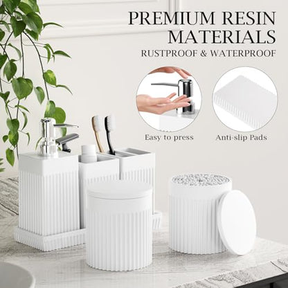6-Piece White Bathroom Set - Modern Resin Bathroom Accessories Set with Soap Dispenser, Toothbrush Holder, Vanity Tray, Tumbler & Apothecary Jars for Small Spaces - color: White