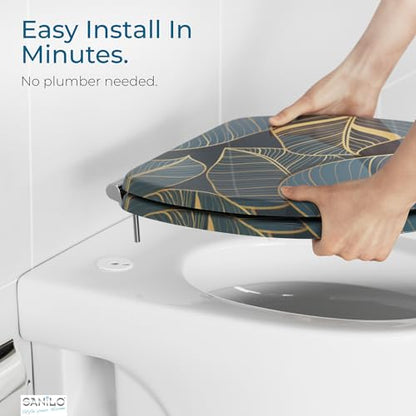 SANILO Wooden Toilet Seat with Soft Close [ROUND] - Decorative, Quiet & Slow Close Molded Wood Seat - With Strong Bumpers & Hinges - Adjustable Fit - Monstera - color: Monstera