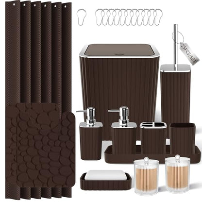 XLHOMO Bathroom Accessories Set - 25PC Brown Bathroom Sets with Shower Curtain and Rugs, Bathroom Accessory Set, Brown Shower Curtain Set, Trash Can, Qtip Holder Dispenser & Soap Dispenser - size: Bath Set+Shower Curtain+Rugs, style: Brown&Silver