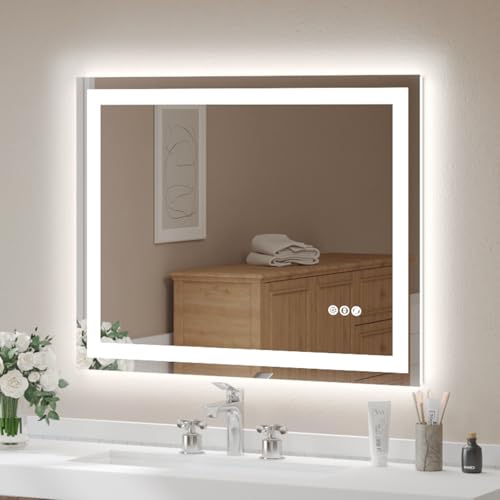 USHOWER 40x32 Inch LED Bathroom Mirror for Over Sink | Tempered Glass - Frameless Backlit Lighted Mirror for Bathroom Vanity with Anti-Fog, 3 Colors Dimmable, Memory Function - size: 40"L x 32"W