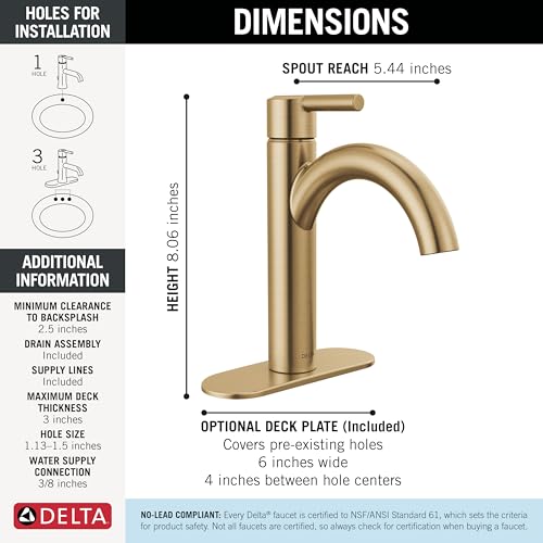Delta Nicoli Brushed Gold Bathroom Faucet 1 Hole, Single Hole Bathroom Sink Faucet for Vanity, Push-Pop Drain Assembly, Champagne Bronze 15749LF-CZ