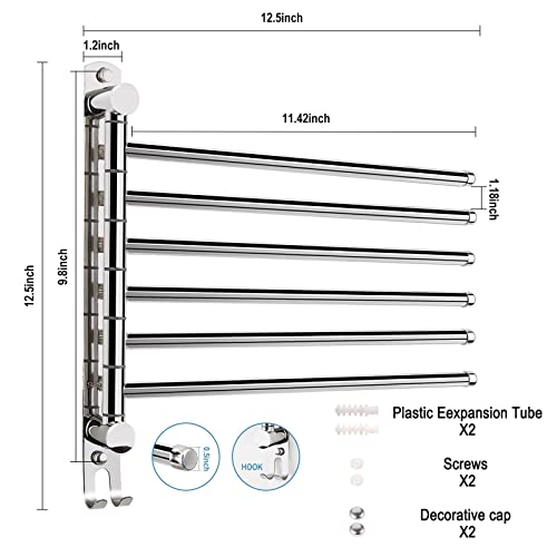 6-Arm Swivel Towel Bar, 180°Rotating Towel Rack Wall Mounted, 304 Stainless Steel Rustproof Heavy Duty Towel Holder for Bathroom Kitchen Laundry Room, Space Saving, Brushed Nickel Finish - color: Silver, size: 6 Arms