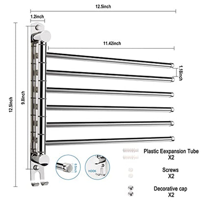 6-Arm Swivel Towel Bar, 180°Rotating Towel Rack Wall Mounted, 304 Stainless Steel Rustproof Heavy Duty Towel Holder for Bathroom Kitchen Laundry Room, Space Saving, Brushed Nickel Finish - color: Silver, size: 6 Arms