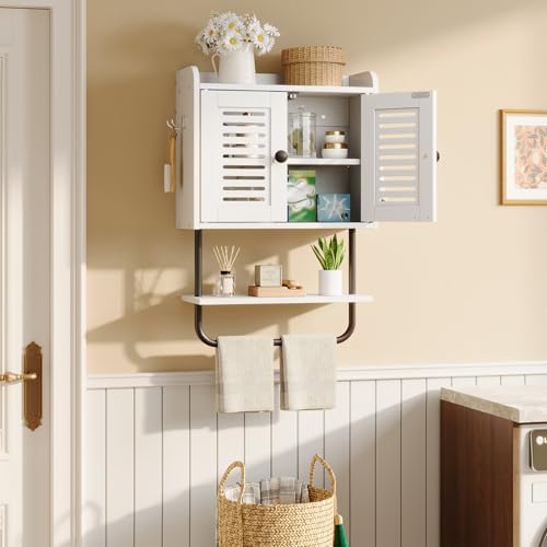 HOOBRO Medicine Cabinet, Double Doors Bathroom Wall Cabinet with Towel Bar, Adjustable Shelf, 2 Hooks, Over The Toilet Storage Cabinet, for Bedroom, Kitchen, White BW46CW01 - color: White + Black
