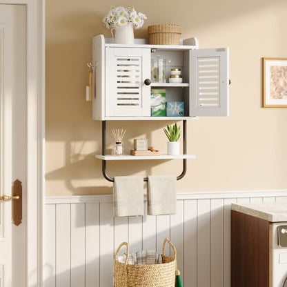 HOOBRO Medicine Cabinet, Double Doors Bathroom Wall Cabinet with Towel Bar, Adjustable Shelf, 2 Hooks, Over The Toilet Storage Cabinet, for Bedroom, Kitchen, White BW46CW01 - color: White + Black