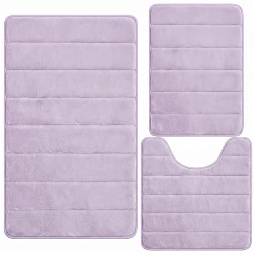 Bathroom Rugs Set 3 Piece, Memory Foam Bath Rugs, Non Slip Washable Bathroom Rug Set, Extra Soft Absorbent Bath Mats with U-Shaped Toilet Rug, Lavender - color: Lavender