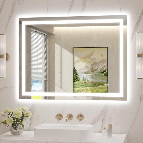 LED Mirror for Bathroom 40x30 Lighted Bathroom Vanity Mirrors with Lights, Brighter Frontlit and Backlit Anti-Fog Mirror, Tempered Glass, Dimmable 3 Colors Light Modes, Memory Function - size: 40"L x 30"W