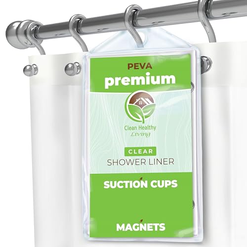 PEVA Shower Curtain Liner, Clear, 70 x 71 in, Premium | Premium PEVA shower liner, Clear, 70 x 71 in; magnets and suction cups help reduce shifting along the tub or shower. - color: Clear