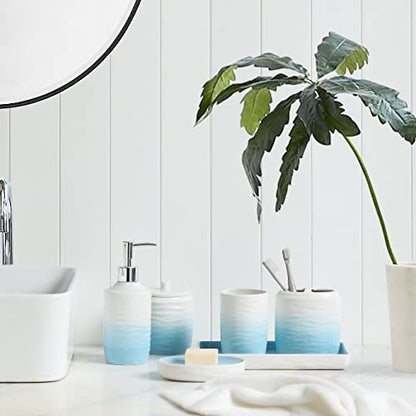 Bathroom Accessories Set, 5-Piece Ceramic Bath Accessory Complete Set with Lotion Dispenser/Soap Pump, Cotton Jar, Soap Dish, Tumbler and Toothbrush Holder (Blue and White Gradient)